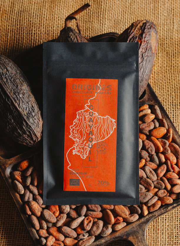 Tablette de chocolat noir Origines Chocolate Makers, emballée dans un sachet noir avec une étiquette orangeindiquant 70 % de cacao provenant d"Equateur, entourée de fèves de cacao et de cabosses sur un fond en toile de jute.