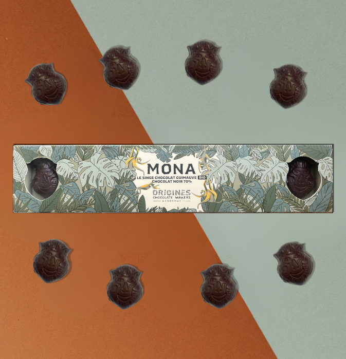 Chocolats en forme de singe 'Mona' de la marque Origines Chocolate Makers, disposés autour d'une boîte décorée de motifs végétaux, sur un fond bicolore marron et bleu clair