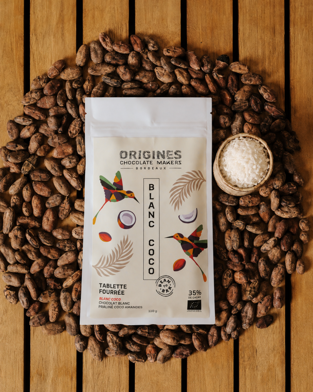 Tablette fourrée chocolat blanc coco amandes