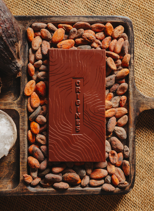 Tablette de chocolat noir à la fleur de sel du bassin d'Arcachon Origines Chocolate Makers, 70 % de cacao provenant du Pérou, entourée de fèves de cacao, de cabosses et d'un bol contenant du sel sur un fond en toile de jute.