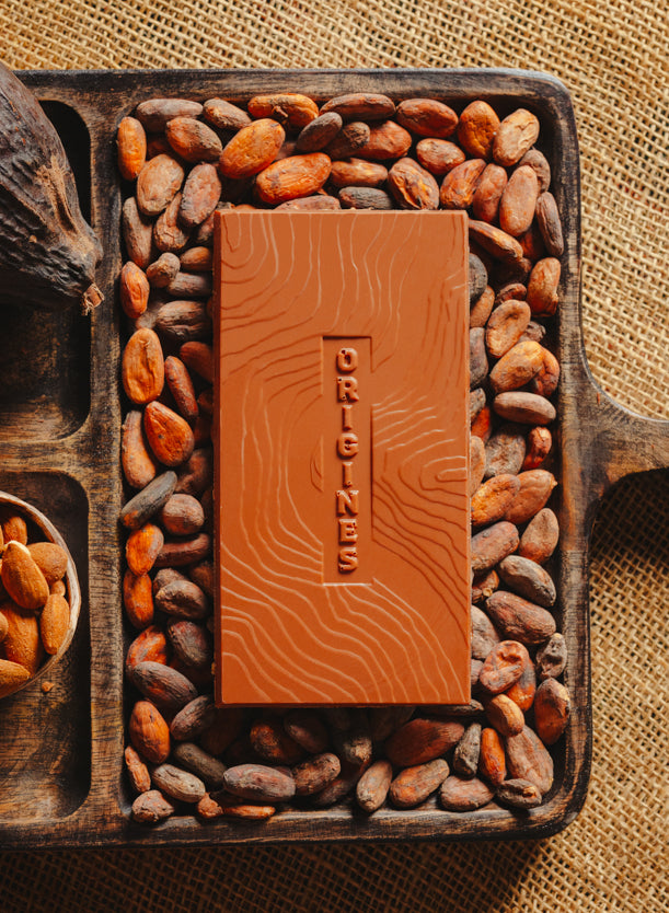 Tablette de chocolat au lait au amandes de Valence Origines Chocolate Makers,38 % de cacao de São Tomé entourée de fèves de cacao, de cabosses et d'un bol contenant des amandes sur un fond en toile de jute. 