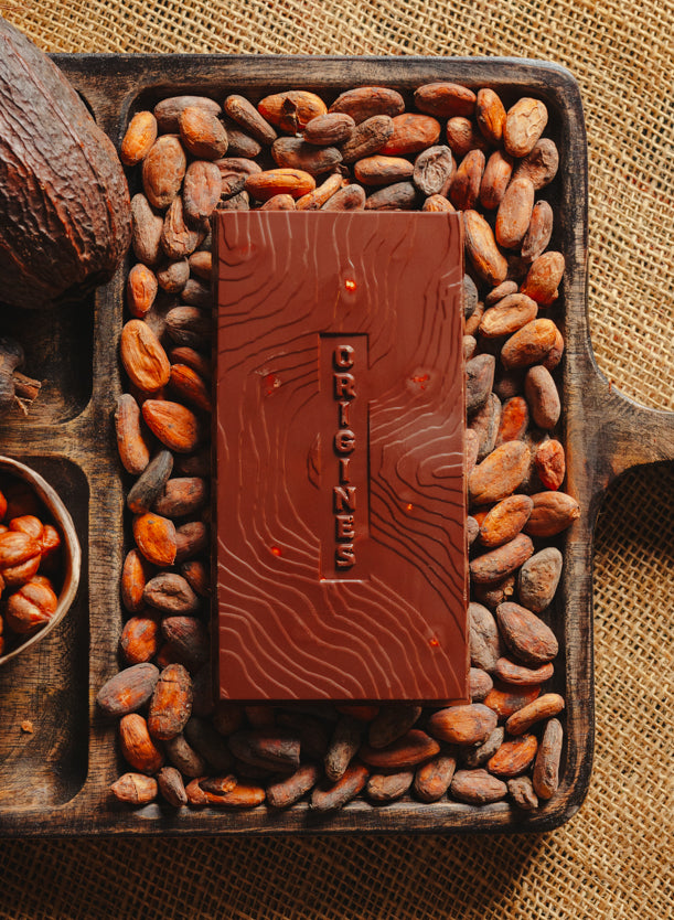 Tablette de chocolat noir au noisettes de lot et garonne Origines Chocolate Makers 70 % de cacao provenant du Pérou, entourée de fèves de cacao, de cabosses et d'un bol contenant des noisettes sur un fond en toile de jute.