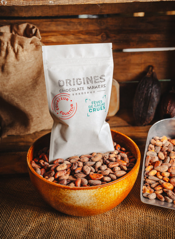 Un sachet de fèves de cacao crues en papier blanc avec l'inscription "Origines Chocolate Maker Bordeaux" posé dans un bol de fèves de cacao et sur une table en toile de jute. L'arrière-plan présente  une ambiance naturelle et artisanale avec des cabosses de cacao et un sac en jute.