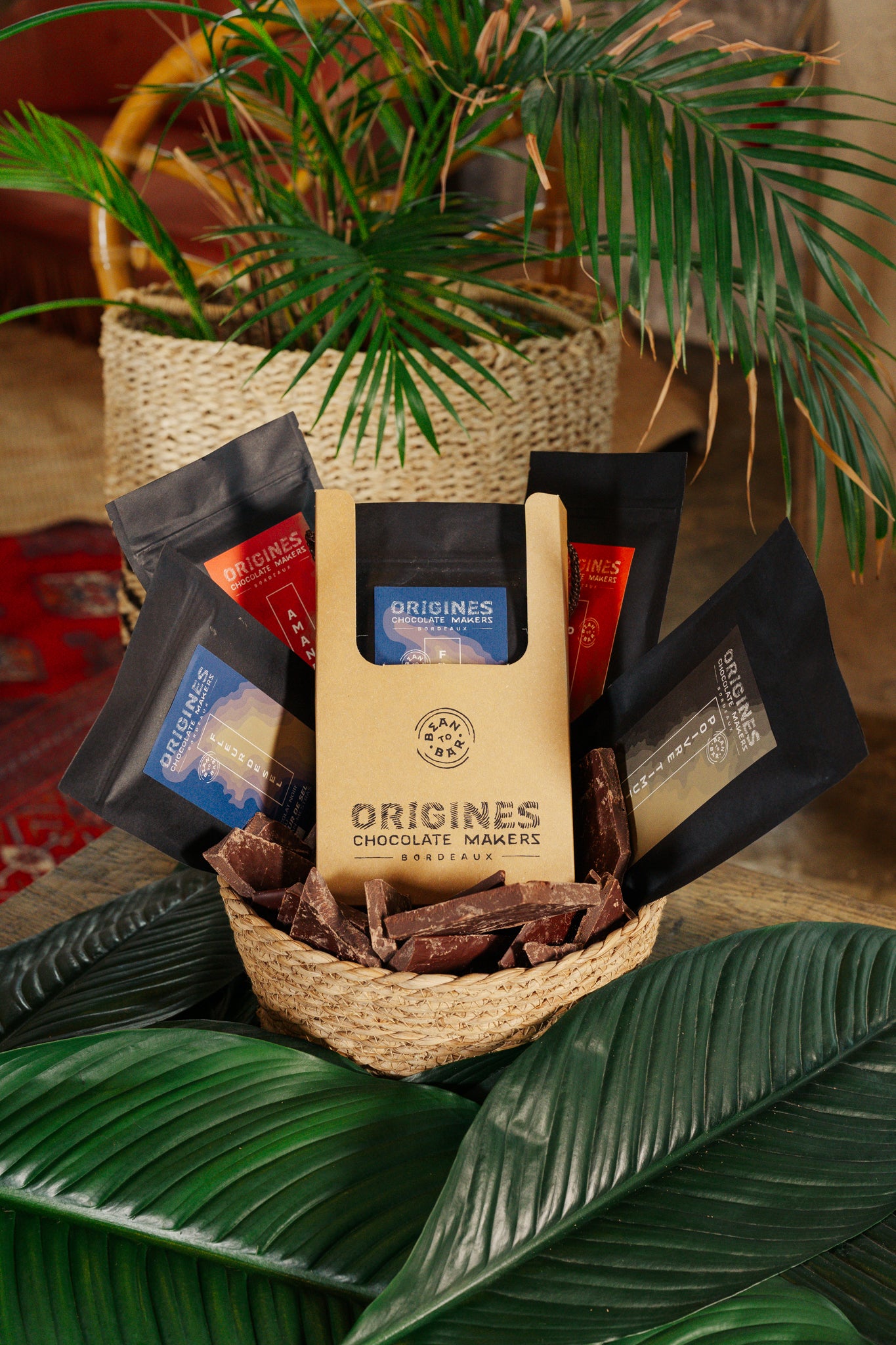 Produits Origines Chocolate Makers, comprenant plusieurs paquets de chocolat posés sur des feuilles vertes, sur une table en bois dans un cadre chaleureux avec un tapis rouge et des plantes